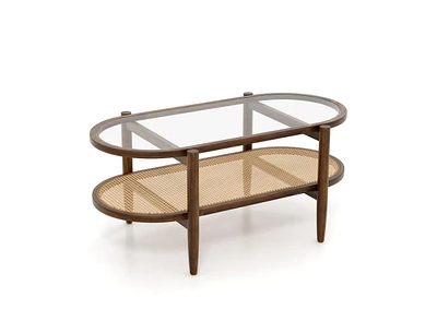 Slickblue 2-Tier Coffee Table with Tempered Glass Tabletop and Acacia Wood Frame