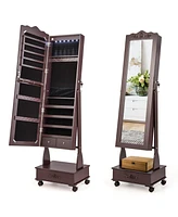 Slickblue Rolling Floor Standing Mirrored Jewelry Armoire with Lock and Drawers