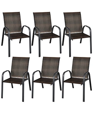 Gymax 6PCS Outdoor Pe Wicker Stacking Dining Chairs Patio Arm Mix Brown