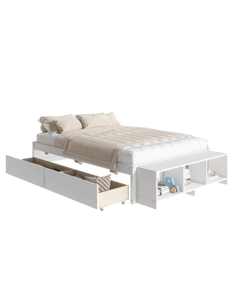 Simplie Fun Full Size Bed With Storage Case, 2 Storage Drawers, Lengthwise Support Slat, White