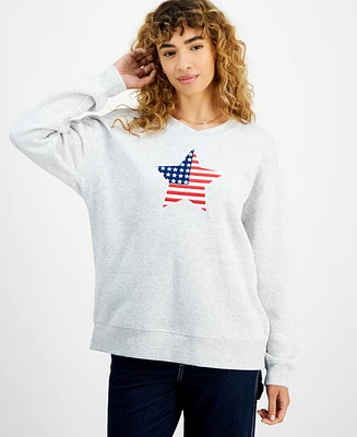 Ultra Flirt Juniors' Oversized V-Neck Star Flag Graphic Sweatshirt