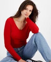 Ultra Flirt Juniors' Cropped V-Neck Cable-Knit Sweater