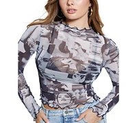 Guess Women's Adriana Mesh Photo-Print Long-Sleeve Top