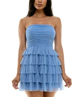 B Darlin Juniors' Strapless Side-Shirred Tiered Glitter Mini Dress