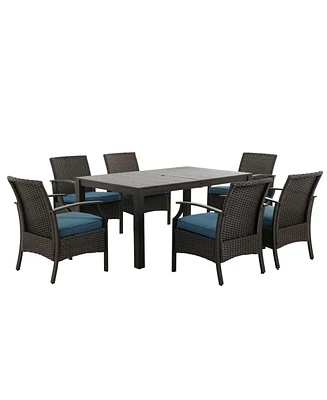 Mondawe Wicker Formal Dinning Table and Seating Arm Chair Set With Blue Cushions In Metal Frame (Set of 7)