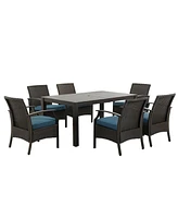 Mondawe Wicker Formal Dinning Table and Seating Arm Chair Set With Blue Cushions In Metal Frame (Set of 7)