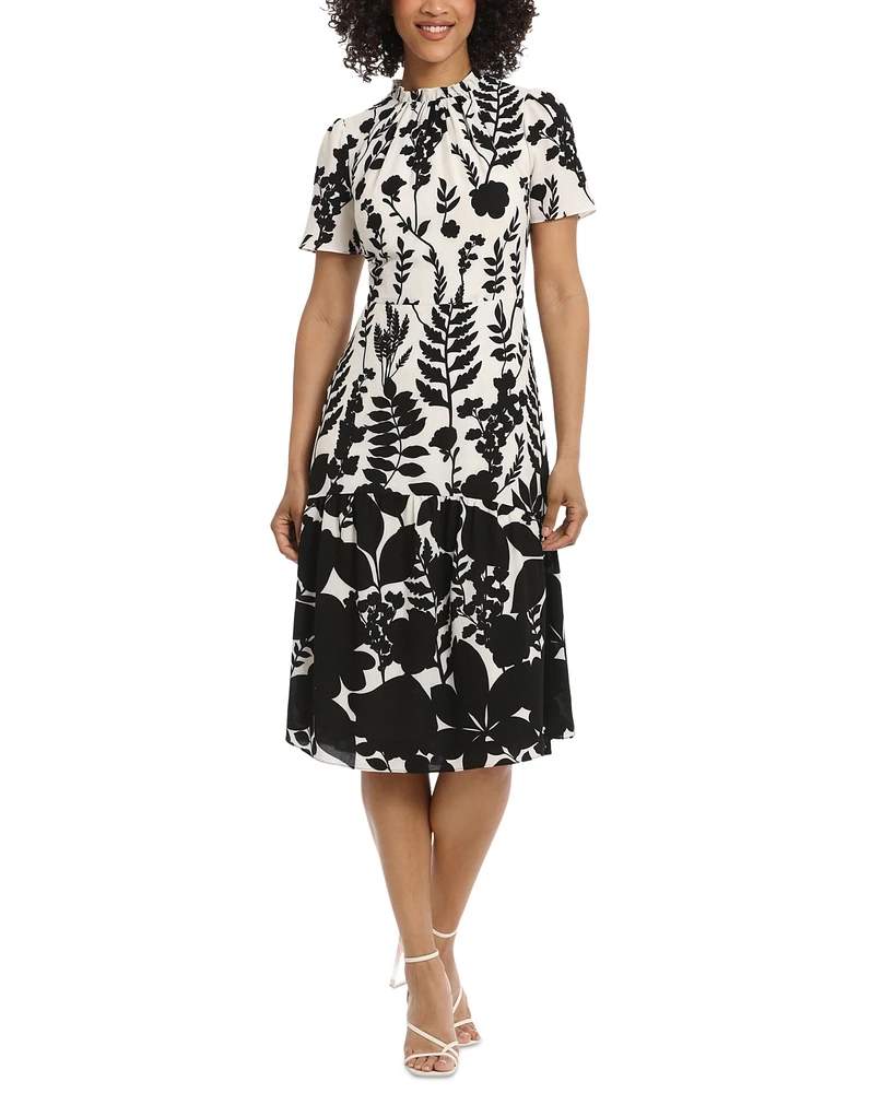 Maggy London Women's Printed Ruffle-Neck Midi Dress