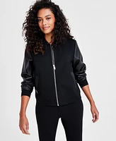 Bar Iii Petite Mixed-Media Bomber Jacket, Created for Macy's