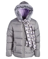 S Rothschild & Co Big Girls Quilted Full-Zip Hooded Puffer Jacket with Faux-Fur Trim Houndstooth Scarf