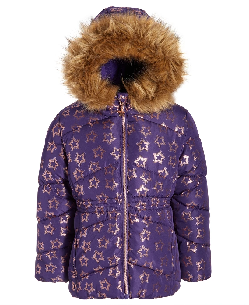 S Rothschild & Co Toddler Little Girls Foil Quilted Puffer Coat With Faux-Fur Trim