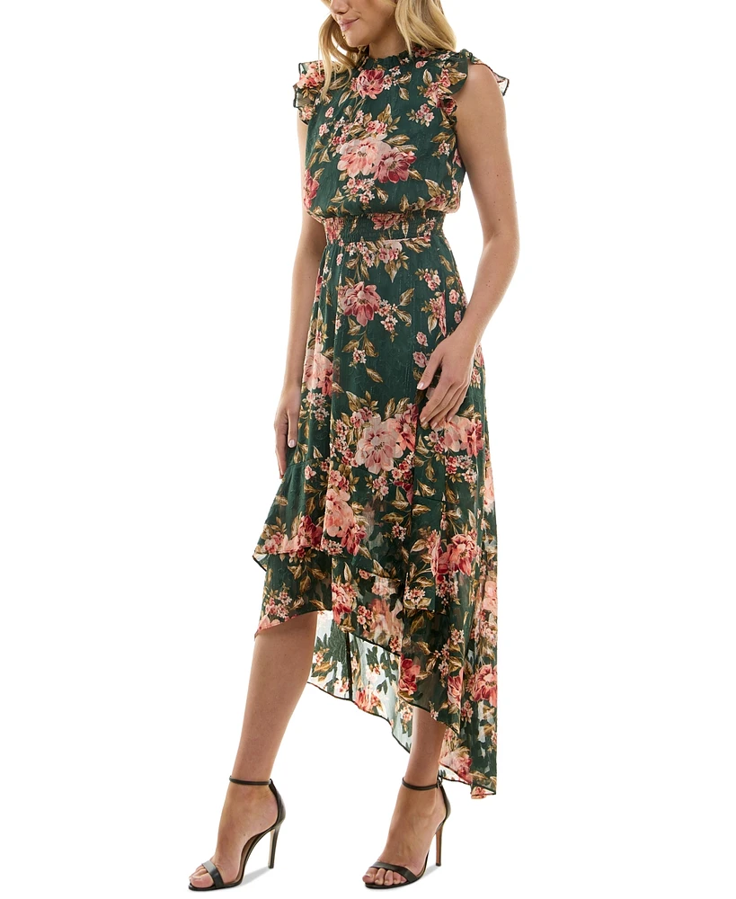 Bcx Juniors' Floral-Print Smocked-Waist High-Low Hem Dress