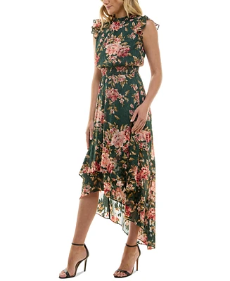 Bcx Juniors' Floral-Print Smocked-Waist High-Low Hem Dress