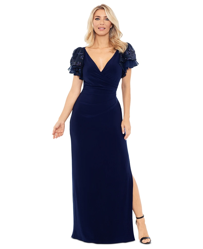 Betsy & Adam Women's Sequin-Sleeve Surplice-Neck Gown