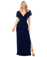 Betsy & Adam Women's Sequin-Sleeve Surplice-Neck Gown