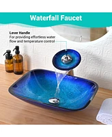 Aquaterior Tempered Glass Sink Transitional Style Basin Waterfall Faucet Kit