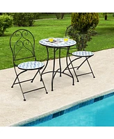 2 Pieces Patio Folding Mosaic Bistro Chairs with Blue Floral Pattern