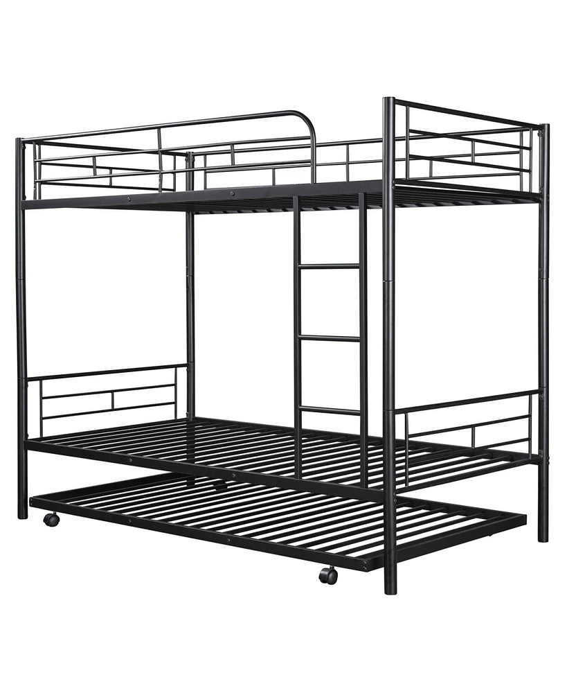 Simplie Fun Twin-Over-Twin Metal Bunk Bed With Trundle, Can Be Divided Into Two Beds