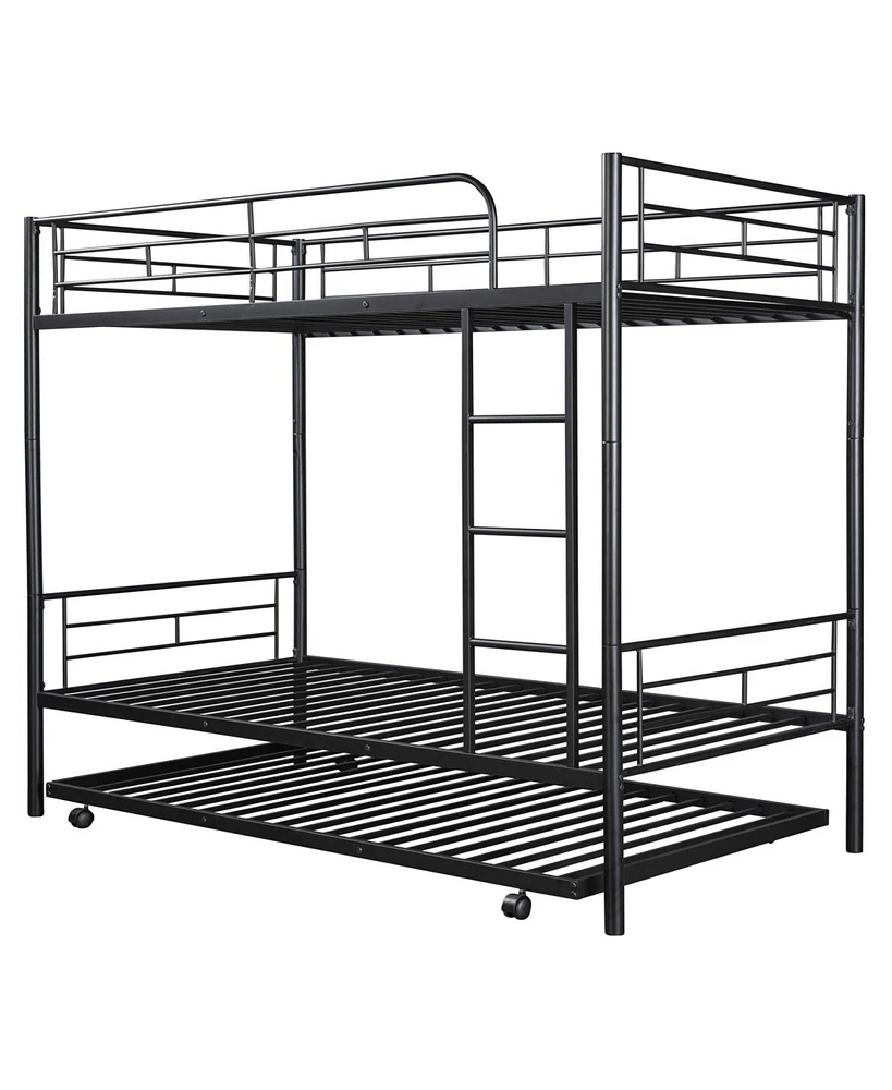 Simplie Fun Twin-Over-Twin Metal Bunk Bed With Trundle, Can Be Divided Into Two Beds, No Box Spring Needed