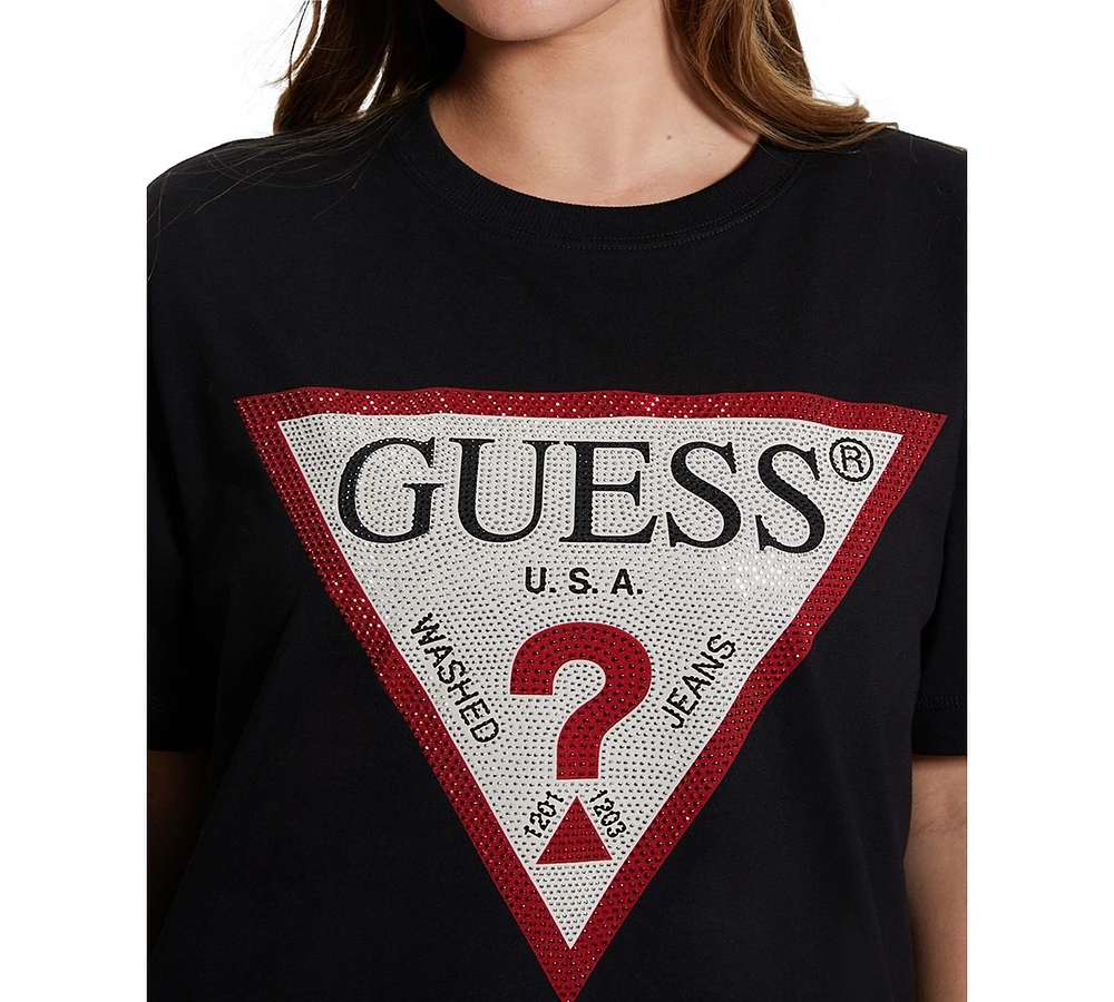 Guess Women's Cotton Stone-Embellished-Logo T-Shirt