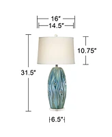 Eneya Modern Coastal Modern Table Lamp 31" Tall Ceramic Blue Green Swirl Glaze Neutral Oval Shade for Living Room Bedroom Beach House Bedside Home Off