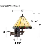 Mission Tiffany Style Swing Arm Lamp Wall Mounted Bronze Metal Plug-In Light Fixture Dimmable Stained Glass for Bedroom Bedside House Reading Living R