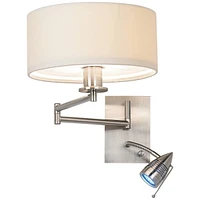 Tesoro Modern Swing Arm Wall Mounted Lamp Adjustable Led Brushed Nickel Plug-In Light Fixture Off White Drum Shade for Bedroom Bedside House Reading L