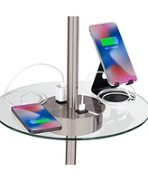 Caper Modern Floor Lamp with Tray Usb and Ac Power Outlet on Table Glass 60.5" Tall Satin Nickel White Fabric Drum Shade for Living Room Reading House