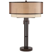 Andes Modern Industrial Table Lamp 27 1/2" Tall Oil Rubbed Bronze Brown Metal Stacked Double Fabric Drum Shade for Bedroom Living Room House Home Beds