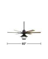 Casa Vieja 60" Expedition Modern Outdoor Ceiling Fan with Led Light Remote Control Matte Black Oak Wood Lantern Shade Damp Rated for Patio Exterior Ho