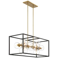 Possini Euro Design Fitzgerald Matte Black Gold Linear Pendant Chandelier 38" Wide Mid Century Modern Open Rectangular Frame Clear Globe Glass 12-Ligh