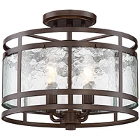 Franklin Iron Works ElWood Finish Rustic Industrial Ceiling Light Semi-Flush Mount Fixture Oil Rubbed Bronze 13 1/4" Wide Water Glass Drum for House B