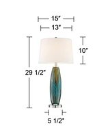 Azure Modern Table Lamps 29.5" Tall Set of 2 Handcrafted Blue Brown Art Glass White Fabric Drum Shade Decor for Living Room Bedroom House Bedside Nigh
