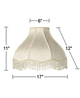 Springcrest 6" Top x 17" Bottom x 11" High x 12" Slant Lamp Shade Replacement Large Cream White Dome Traditional Fabric Fringe Floral Scalloped Spider