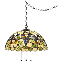 Robert Louis Tiffany Tropical Birds Tiffany Bronze Plug In Swag Pendant Chandelier 20" Wide Stained Glass 3-Light Fixture for Dining Room House Foyer