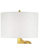 Hera Modern Glam Luxury Table Lamp Decor 31" Tall Sculptural Gold Leaf White Fabric Drum Shade Marble Base for Living Room Bedroom House Bedside Night