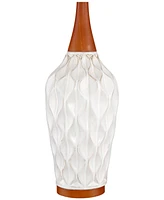 Rocco Mid Century Modern Table Lamp 30" Tall White Wave Geometric Ceramic Oak Wooden Neck Tan Fabric Drum Shade for Living Room Bedroom House Bedside