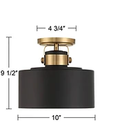 Possini Euro Design Courtney Modern Industrial Ceiling Light Semi Flush-Mount Fixture 10" Wide Soft Gold Metal Matte Black Drum Shade for Bedroom Kitc