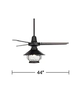 44" Plaza Dc Mid Century Modern Industrial 3 Blade Indoor Outdoor Ceiling Fan with Light Led Remote Control Matte Black Glass Damp Rated Patio Exterio