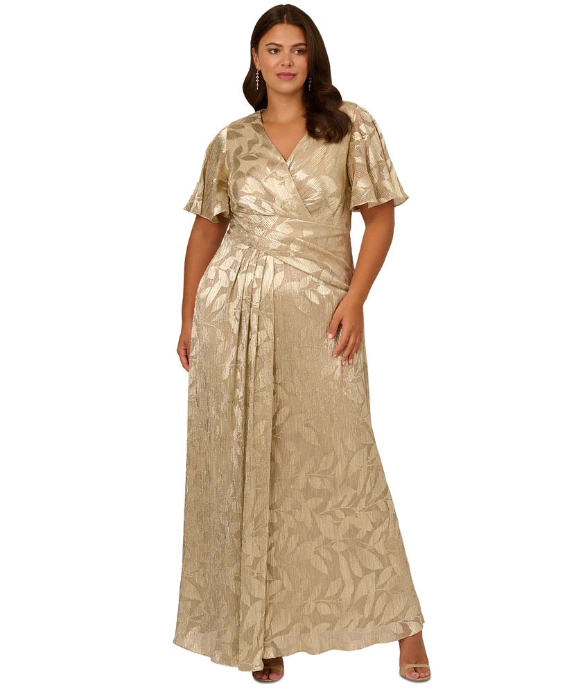 Adrianna Papell Plus Foil Leaf Flutter-Sleeve Draped Gown