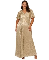 Adrianna Papell Plus Foil Leaf Flutter-Sleeve Draped Gown