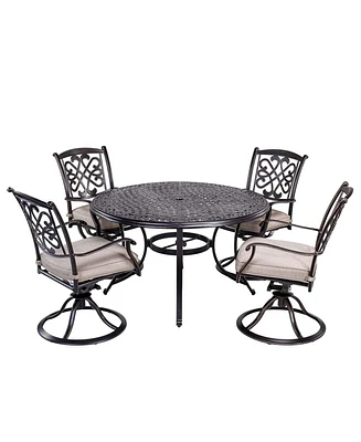 Mondawe 5-Piece Cast Aluminum Outdoor Dining Set with Round 28 in. H Outdoor Table and 4 Piece Patio Dining Chair with Cushion