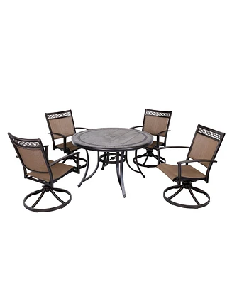 Mondawe 5-Piece Cast Aluminum Outdoor Dining Set with Round Umbrella Table, Swivel Sling Chairs