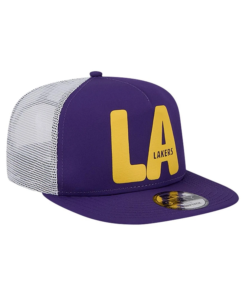 New Era Men's Purple Los Angeles Lakers Puff Print Team Code A-Frame 9FIFTY Trucker Snapback Hat