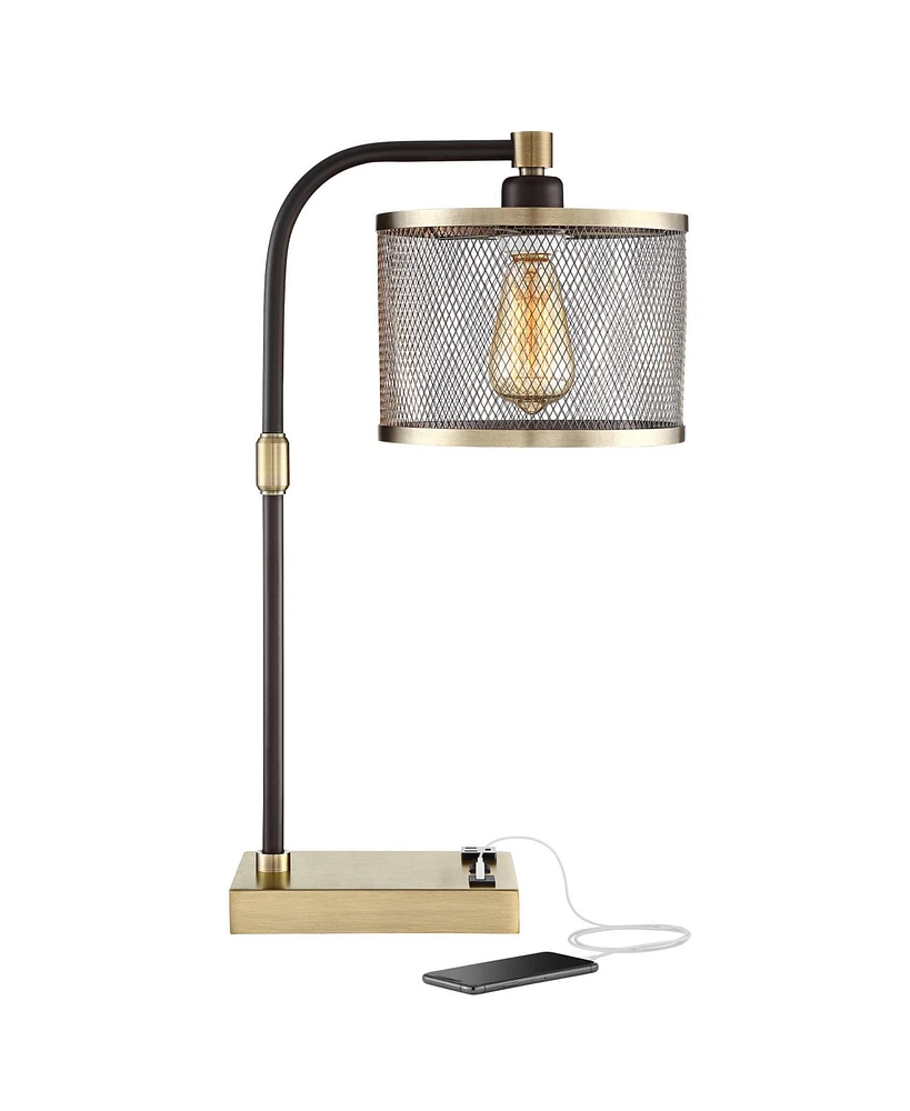 360 Lighting Brody Industrial Desk Lamp 22 1/4" High with Usb and Ac Power Outlet in Base Antique Brass Black Perforated Metal Shade for Bedroom Livin