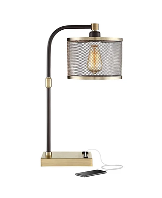 360 Lighting Brody Industrial Desk Lamp 22 1/4" High with Usb and Ac Power Outlet in Base Antique Brass Black Perforated Metal Shade for Bedroom Livin