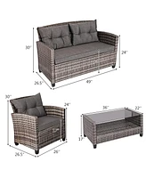 Costway 8PCS Patio Rattan Furniture Set Coffee Table Cushioned Sofa Garden Lawn Gray