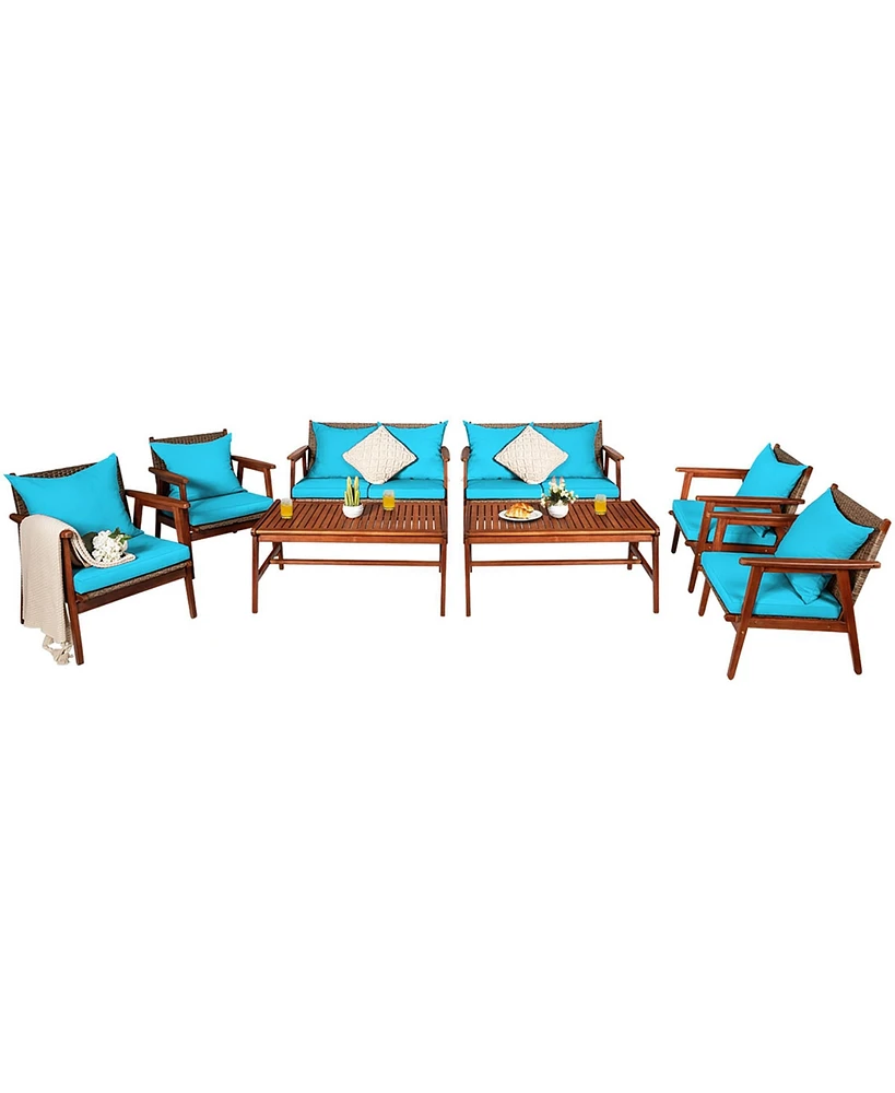 Costway 8PCS Patio Rattan Furniture Set Acacia Wood Frame Cushioned Sofa Chair Turquoise