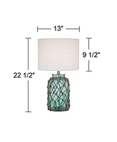 360 Lighting Crosby Coastal Beach Style Accent Table Lamp with Table Top Dimmer 22.5" High Blue Green Glass Rope Netting Off White Fabric Drum Shade f