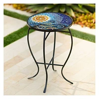 Teal Island Designs Ocean Modern Black Metal Round Outdoor Accent Side Table 14" Wide Blue Mosaic Tile Tabletop Gracefully Curved Legs Front Porch Pat