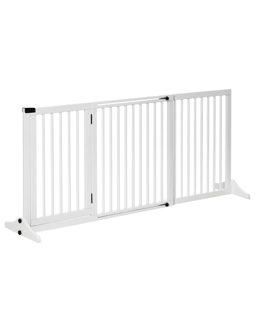 PawHut Wooden Freestanding Pet Gate Adjustable w/ Door Lock Safe Barrier White